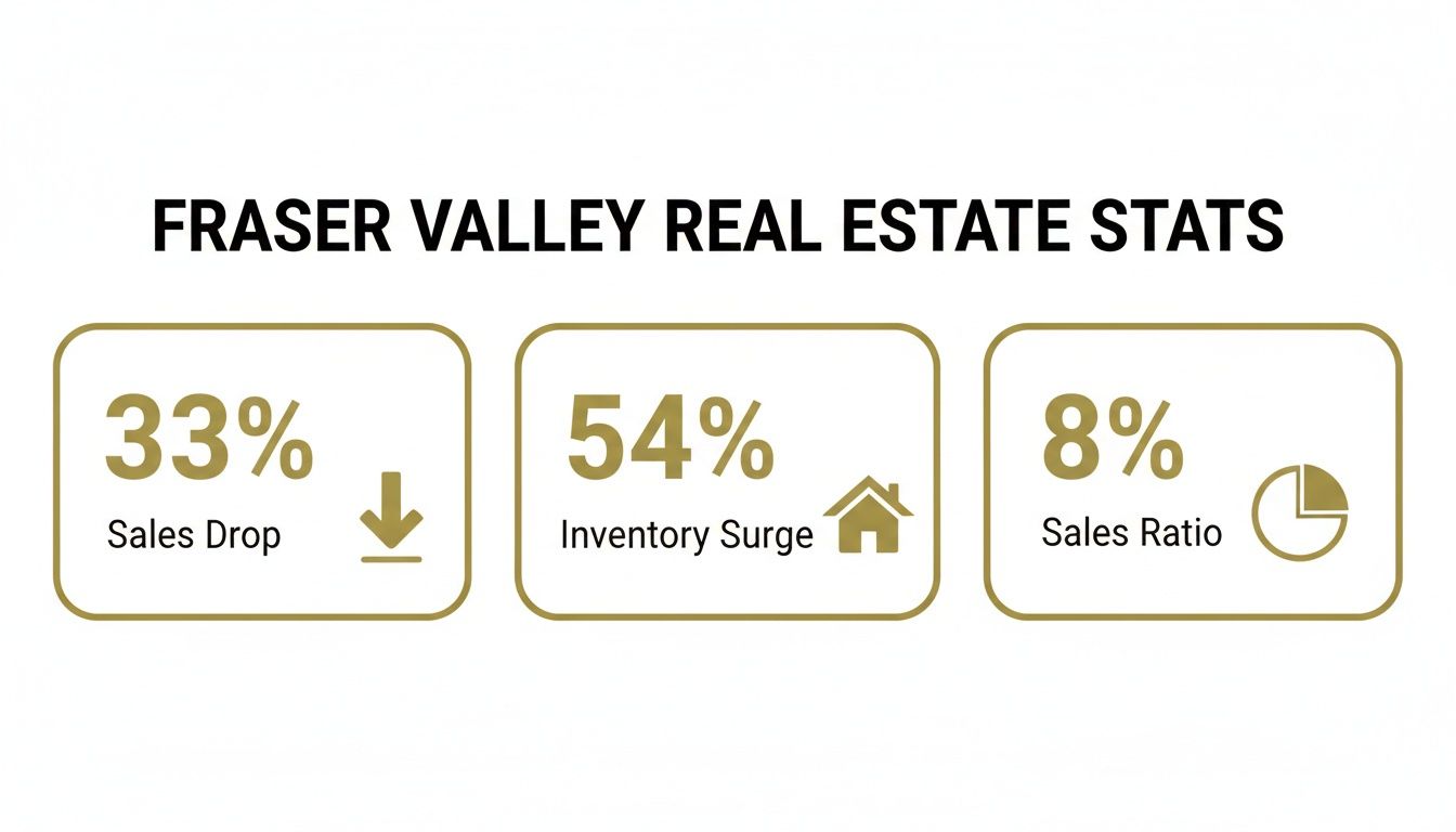 The image displays key real estate statistics for Fraser Valley: a 33% sales drop, 54% inventory surge, and an 8% sales ratio.