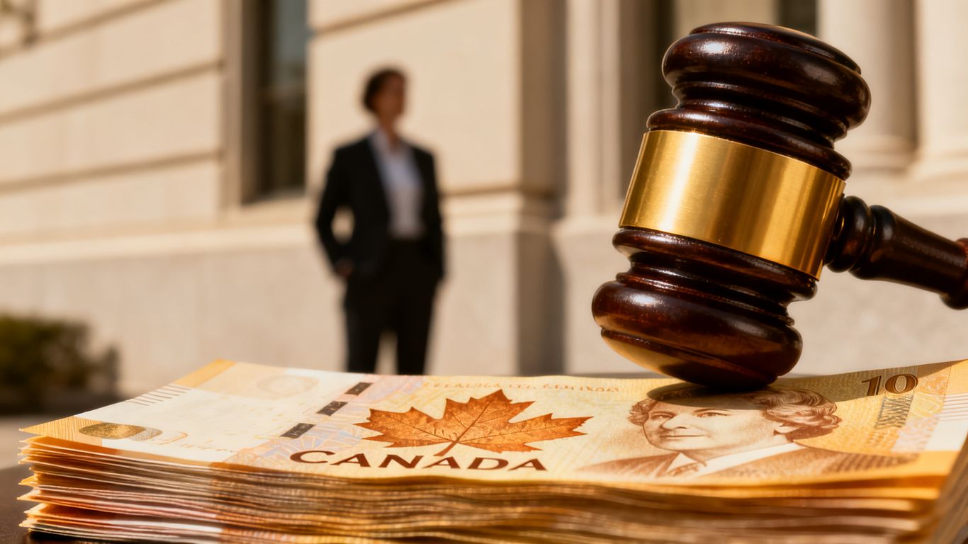 Gavel striking money, real estate agent penalty.