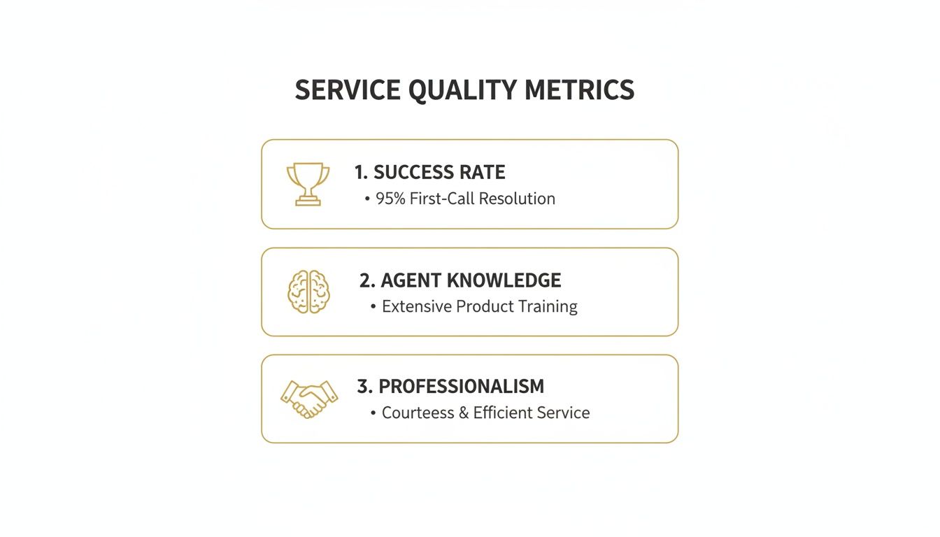 An infographic displaying three key service quality metrics: success rate, agent knowledge, and professionalism.