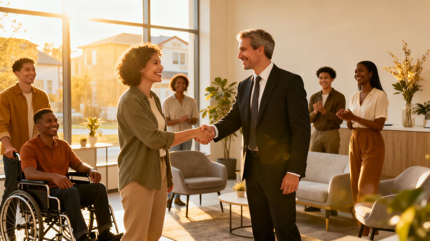 Diverse group in a welcoming real estate office.
