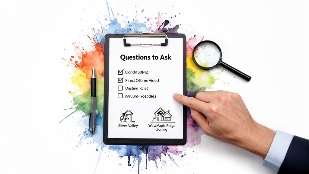A hand points at a clipboard with real estate questions, checklist, houses, and 'West Maple Ridge Zoning'.