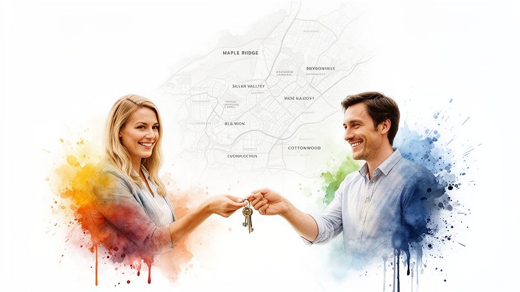 Smiling man and woman exchanging house keys with a map of cities in the background.