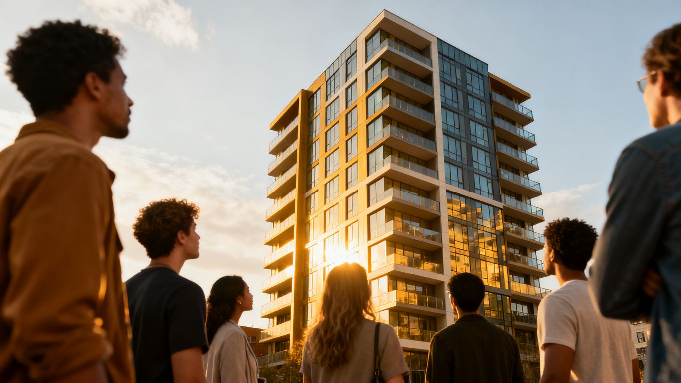 Condominium building with people looking on.