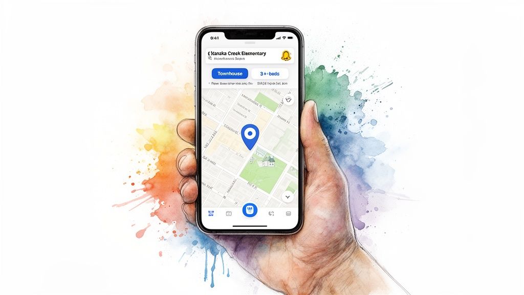 Hand holding a smartphone displaying a real estate map app with a location pin and property filters.
