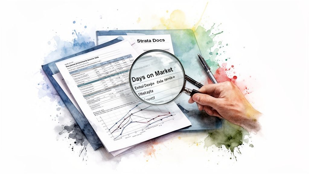 A hand holds a magnifying glass over real estate documents with 'Days on Market' and charts.