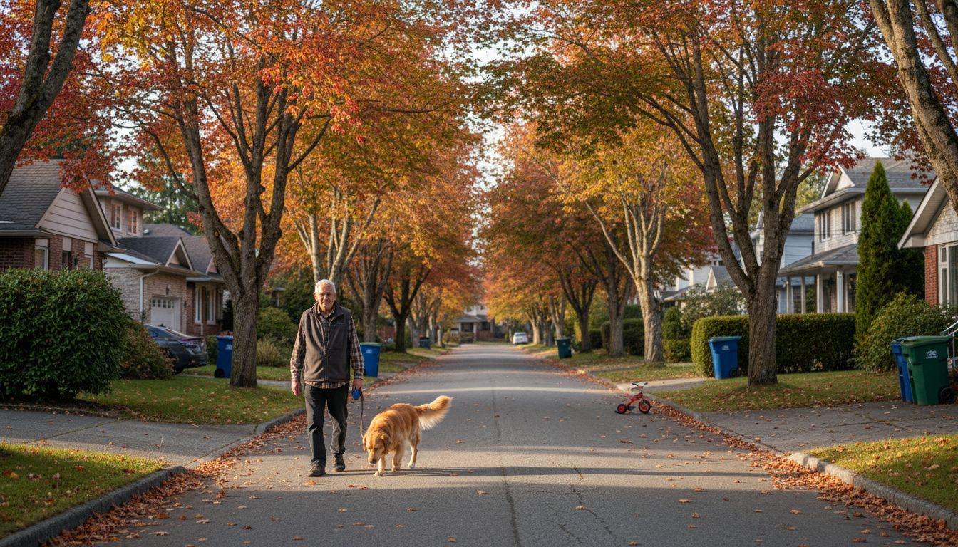 Man walking dog on residential Maple Ridge street