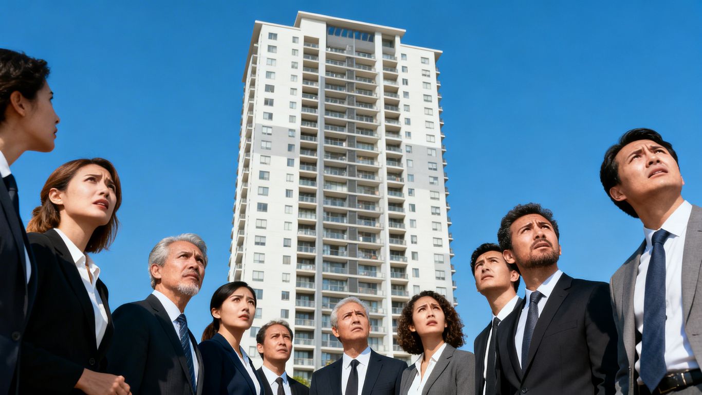 Real estate agents looking at a modern condo building.