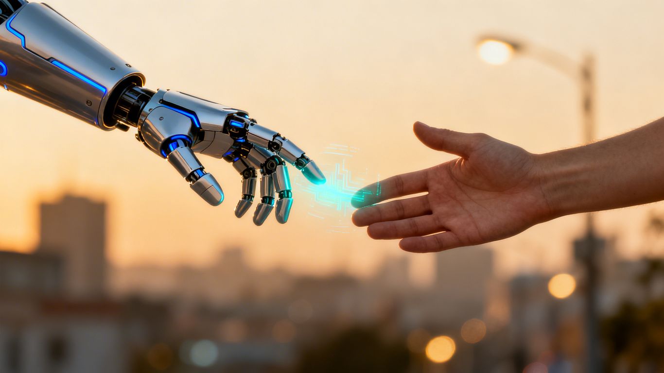 Robot and human hands connecting, digital glow, cityscape background.