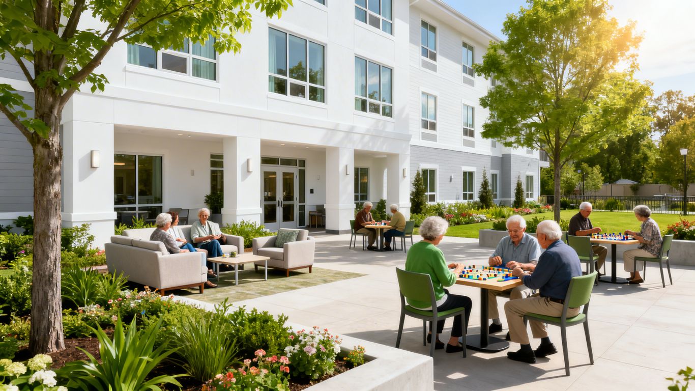 Seniors housing community with residents and green landscaping.