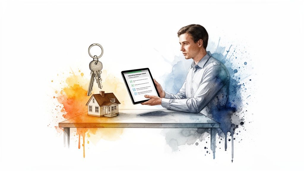 A man reviews a digital property checklist on a tablet, with a house model and keys, representing real estate.