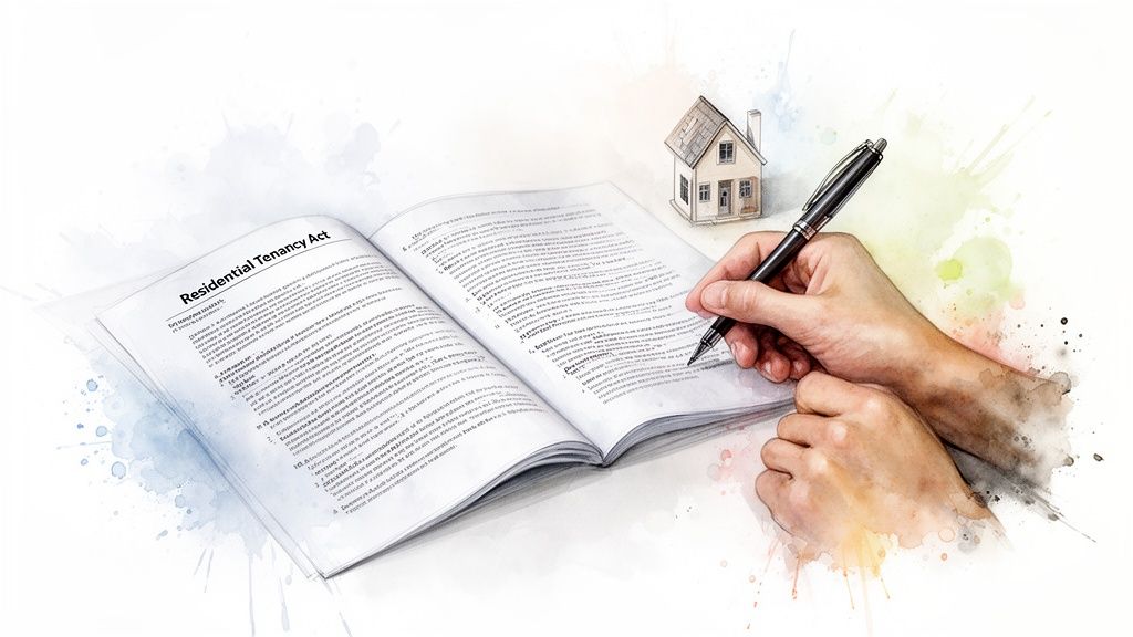 Watercolor illustration of a hand with a pen over a Residential Tenancy Act book and a small house.