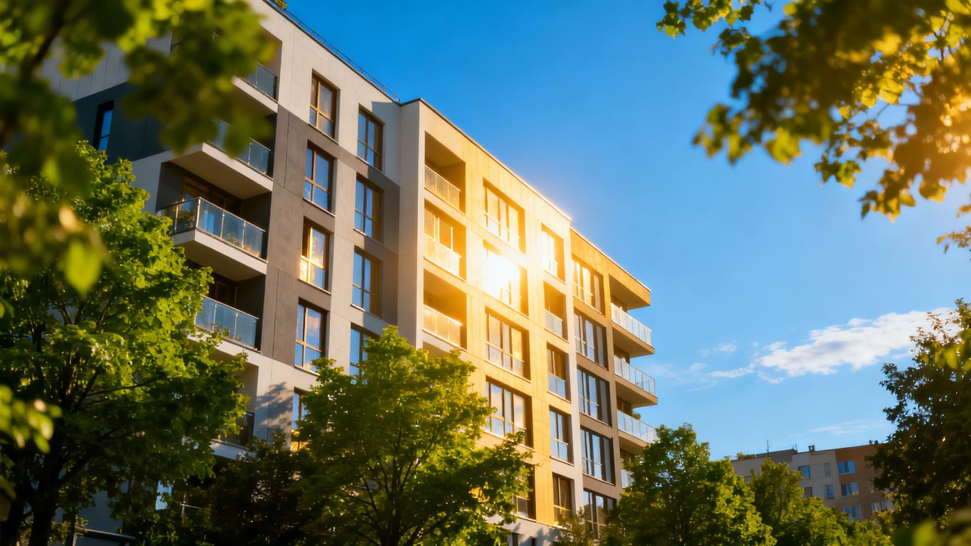 Modern apartment building against a bright sky.