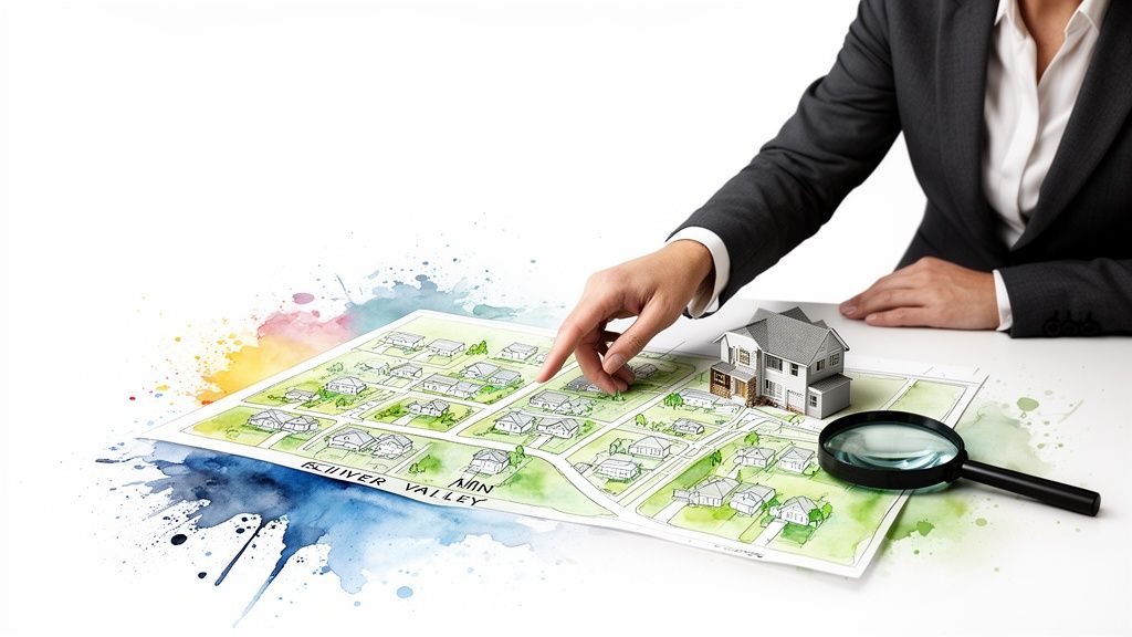 Real estate agent's hand points at a neighborhood map with a miniature house model.