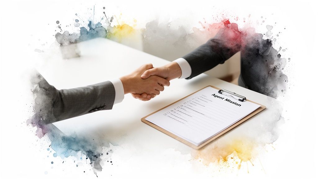 Two business people shaking hands over a table with an 'Agent Mission' checklist, symbolizing agreement.