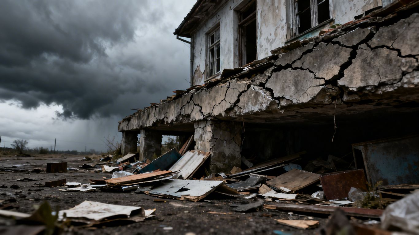 Dilapidated house foundation under a stormy sky.