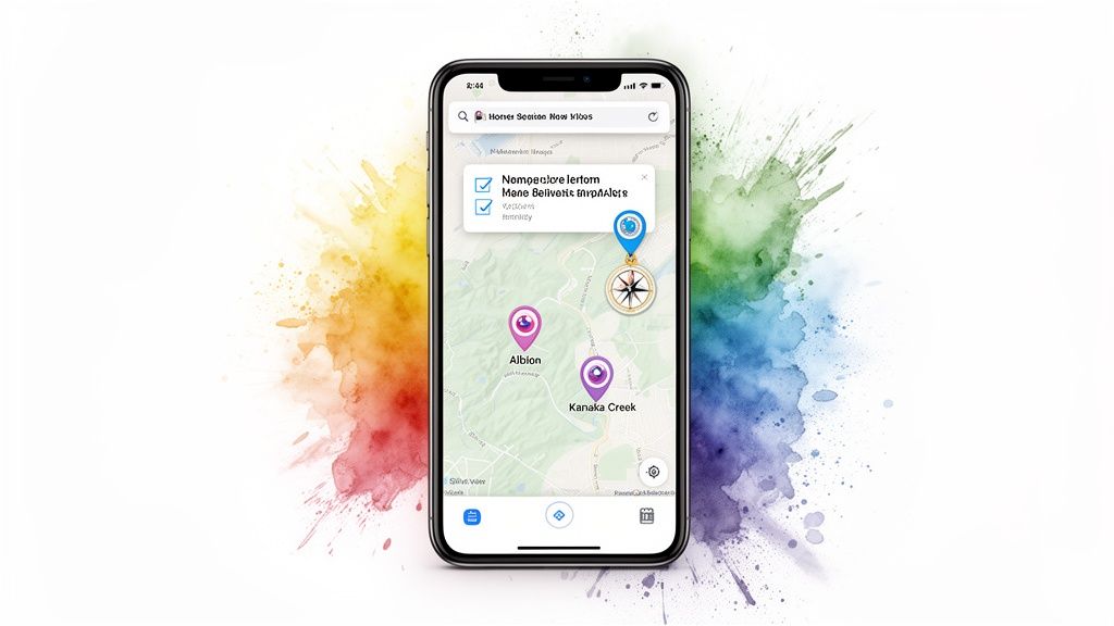 Mobile phone showing a map application with locations, possibly for real estate listings, on a vibrant background.