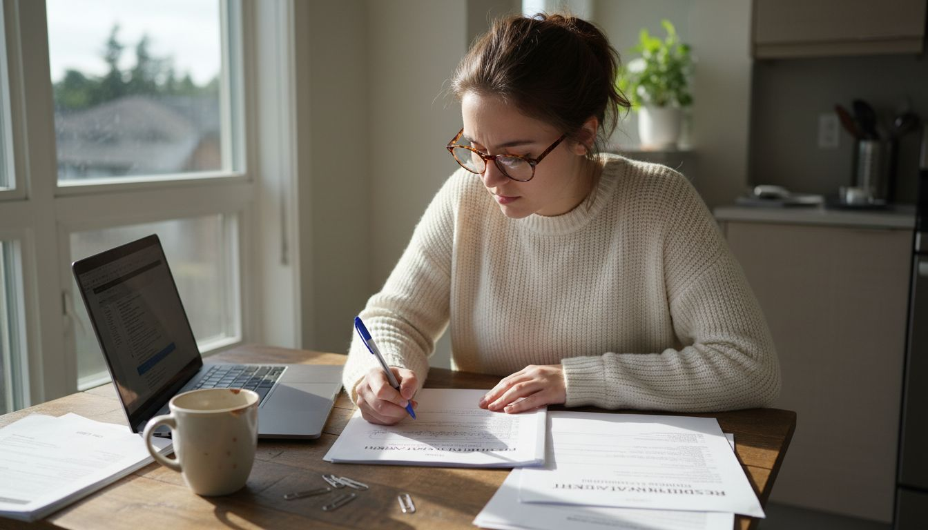 Reviewing BC tenancy agreement at kitchen table