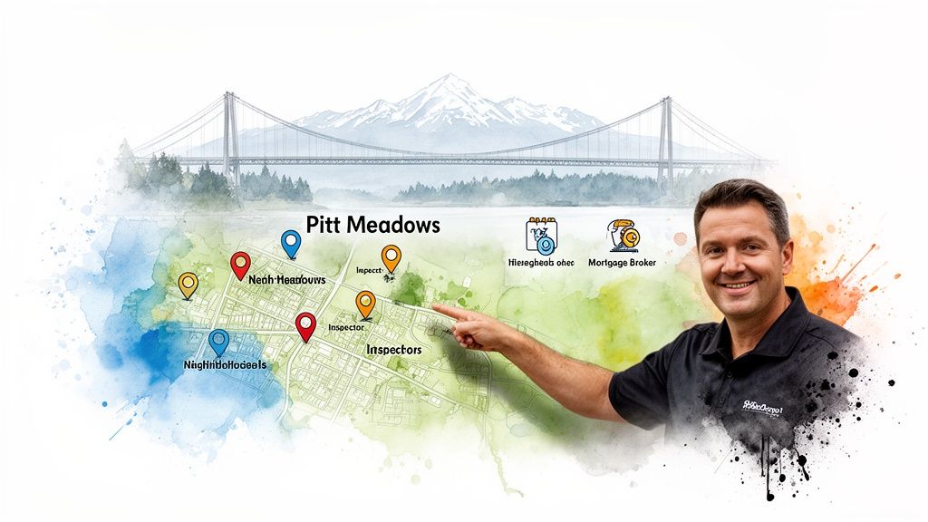 Smiling real estate agent pointing at a watercolor map of Pitt Meadows with various service pins.