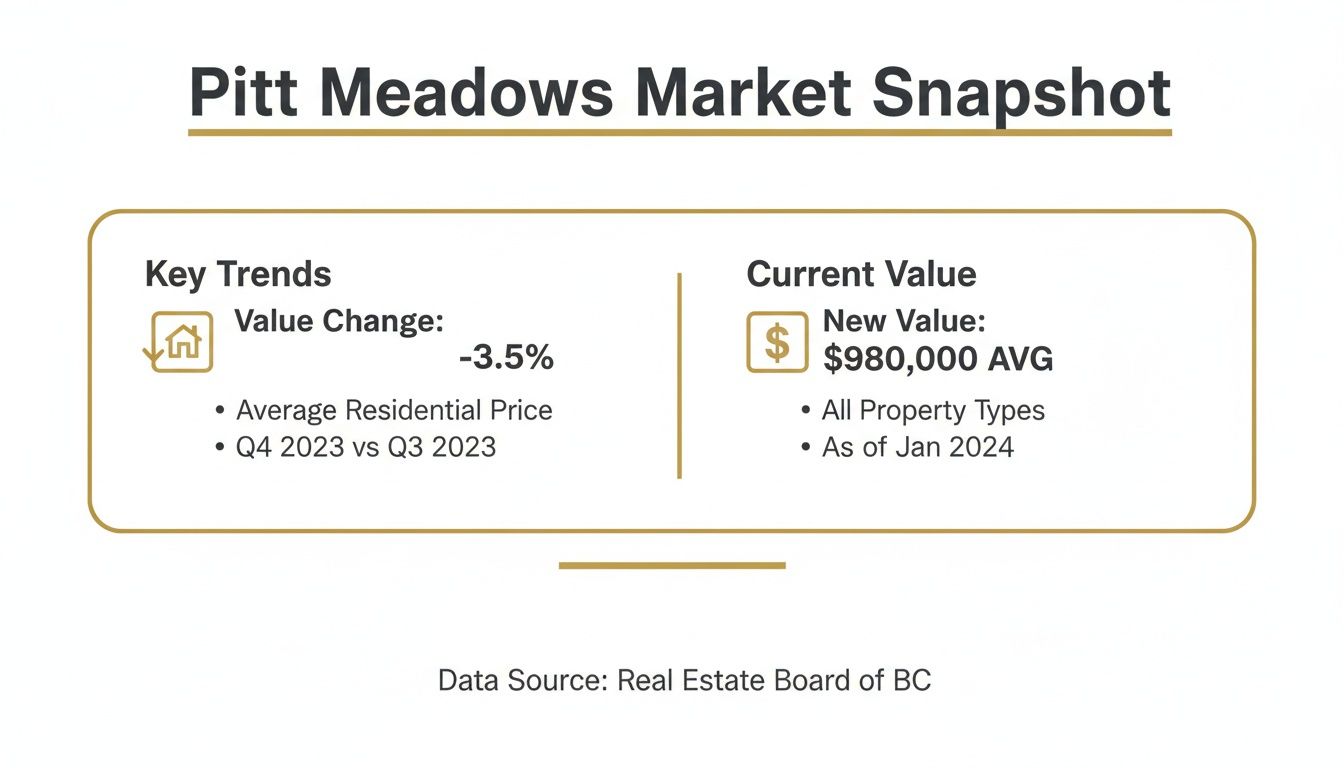 Pitt Meadows real estate market snapshot showing a -3.5% value change and $980,000 average price.