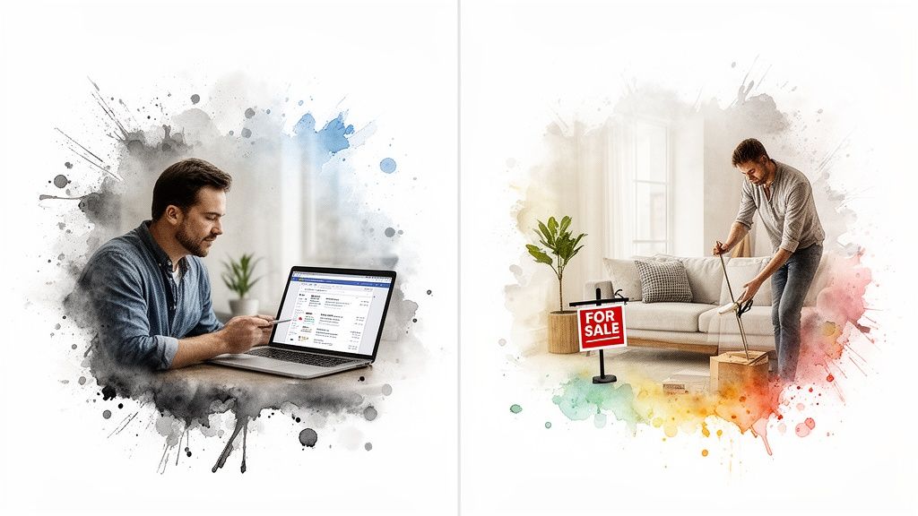 Two images showing a man using a laptop and another man preparing a home with a 'FOR SALE' sign.