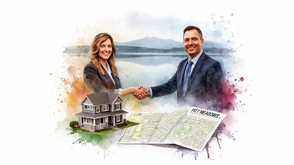 Two smiling real estate agents shaking hands, with a house model and a map for Pitt Meadows.