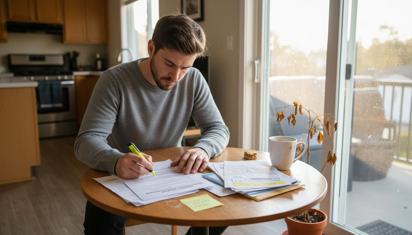 Young man reviews rental agreement at home table