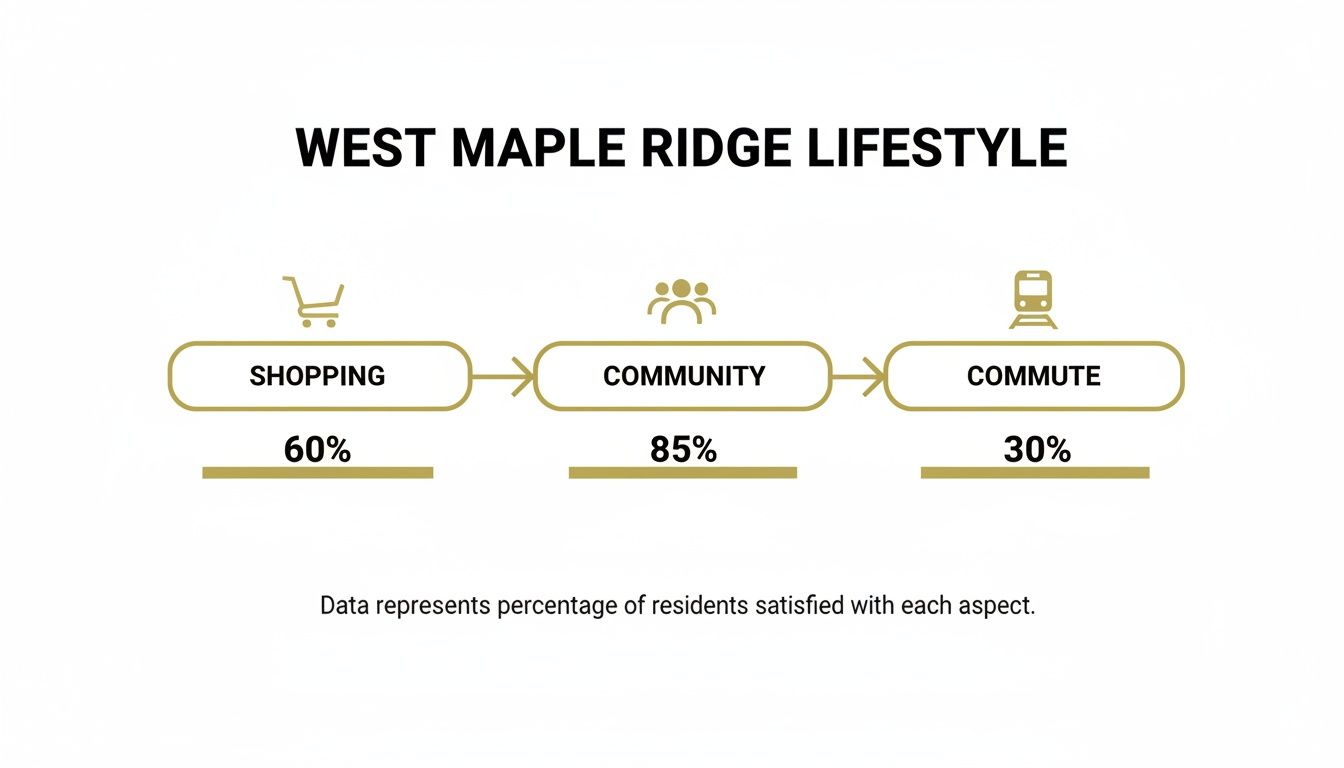 Infographic showing West Maple Ridge resident satisfaction: 60% shopping, 85% community, 30% commute.
