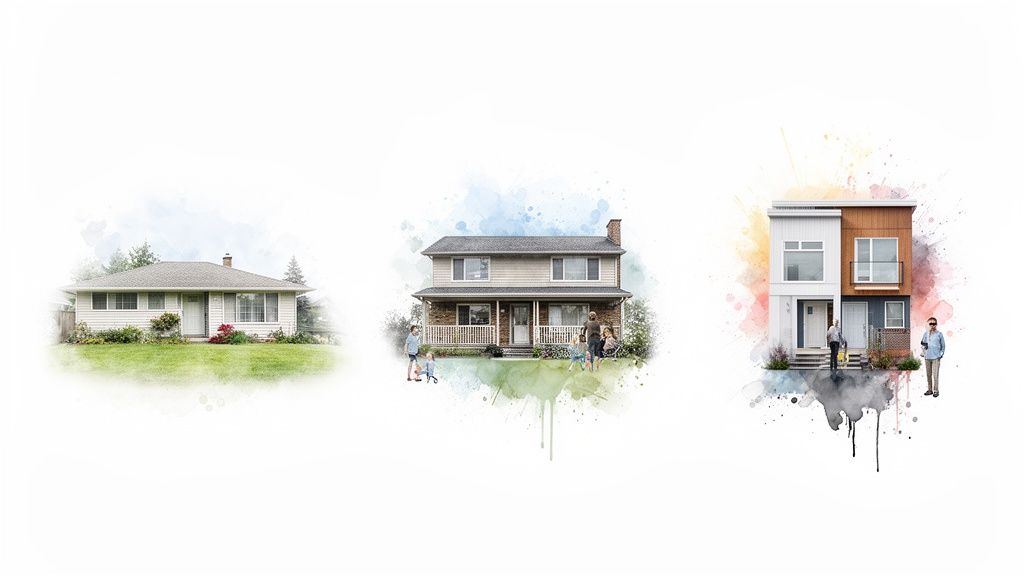 Three distinct homes: a ranch, a two-story family house, and a modern duplex, all with watercolor art effects.
