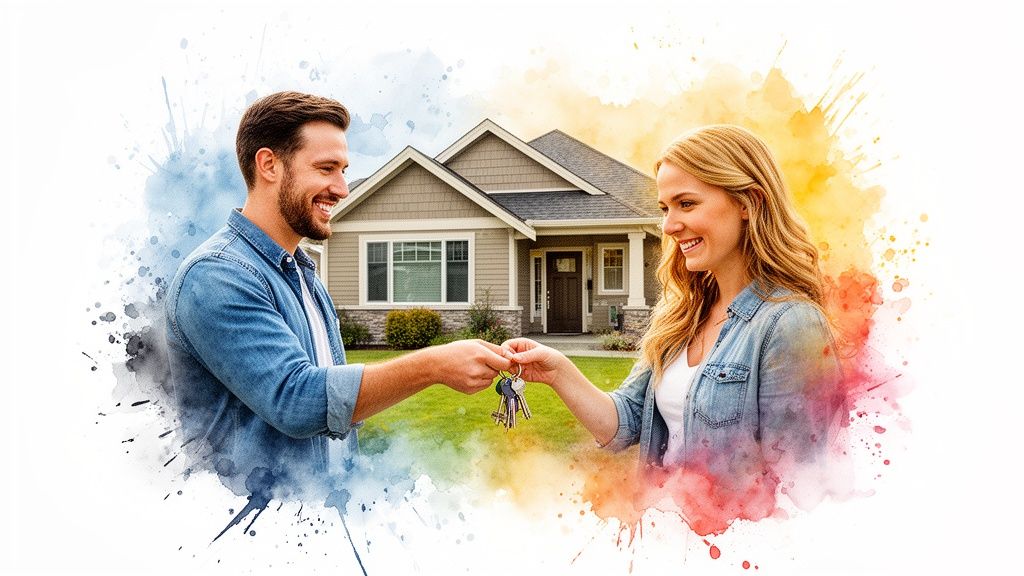 Smiling couple exchanging house keys in front of a new home with watercolor effect.
