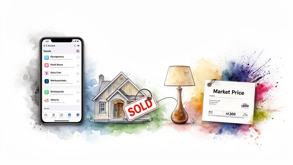 A smartphone, a sold house, a lamp, and a market price tag on a watercolor background.