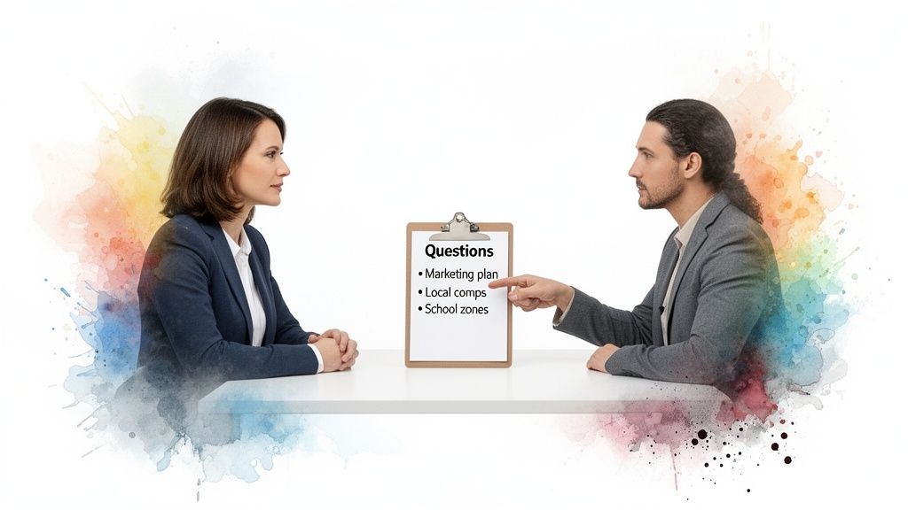 A man and woman discuss real estate questions from a clipboard, including marketing and school zones.