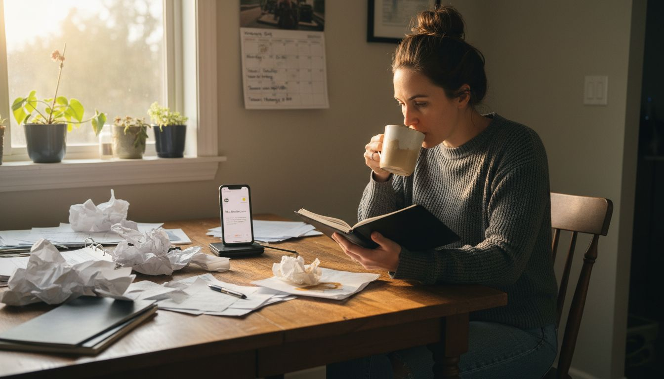 Landlord organizing rental paperwork at kitchen table