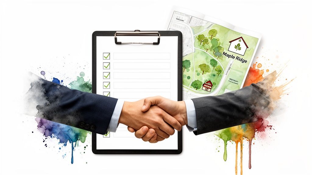Two business hands shaking on a deal with a completed checklist and Maple Ridge property map.