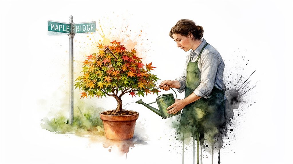Watercolor art of a person watering a vibrant potted maple tree near a 'Maple Ridge' sign.