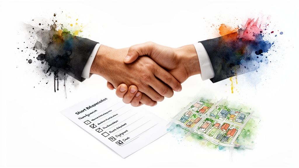 Two hands shaking over a real estate checklist and watercolor neighborhood map.