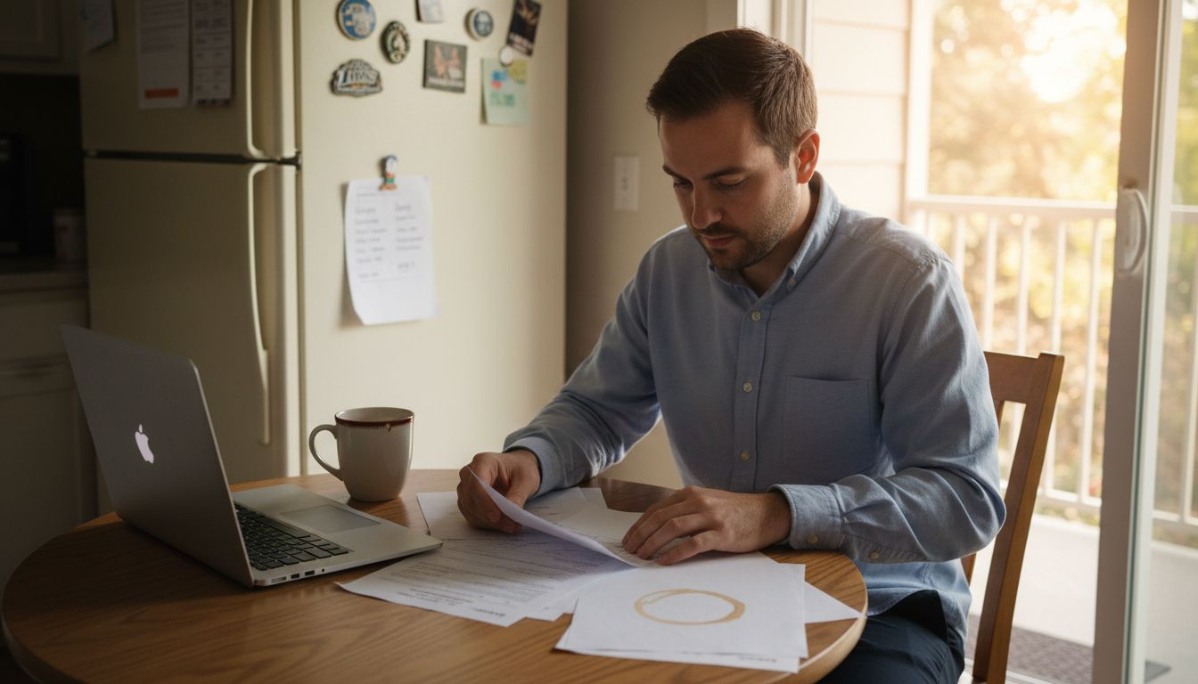 Man preparing rental application documents kitchen
