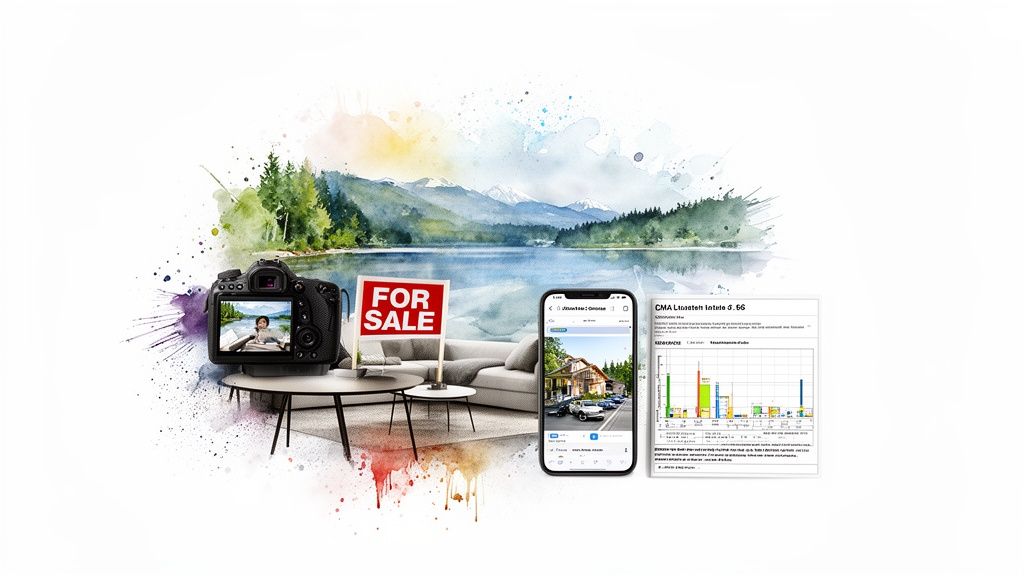 Real estate concept featuring a camera, 'FOR SALE' sign, phone listing, and market analysis document.