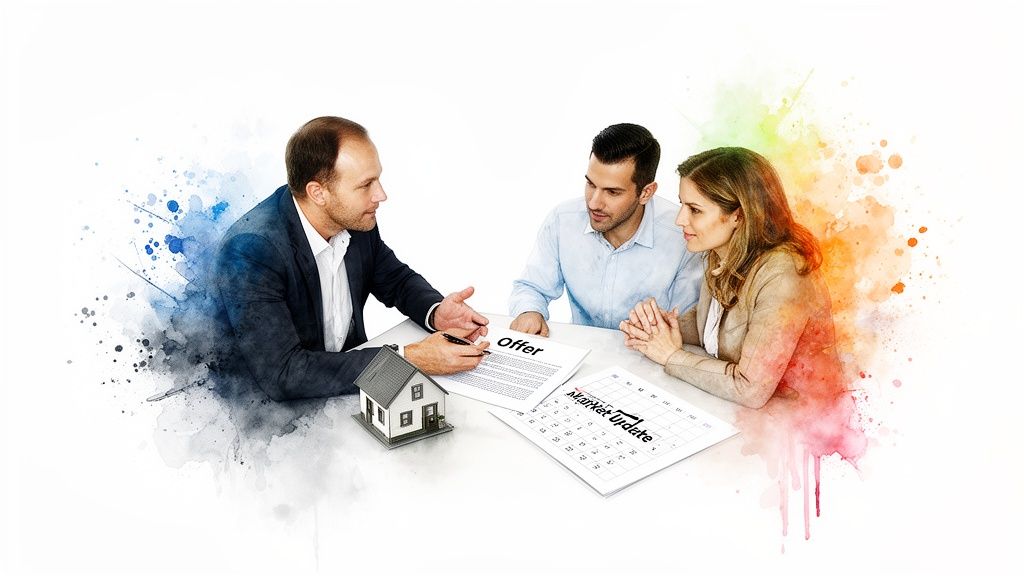 A real estate agent discusses an offer and market update with a couple at a table, with a house model.