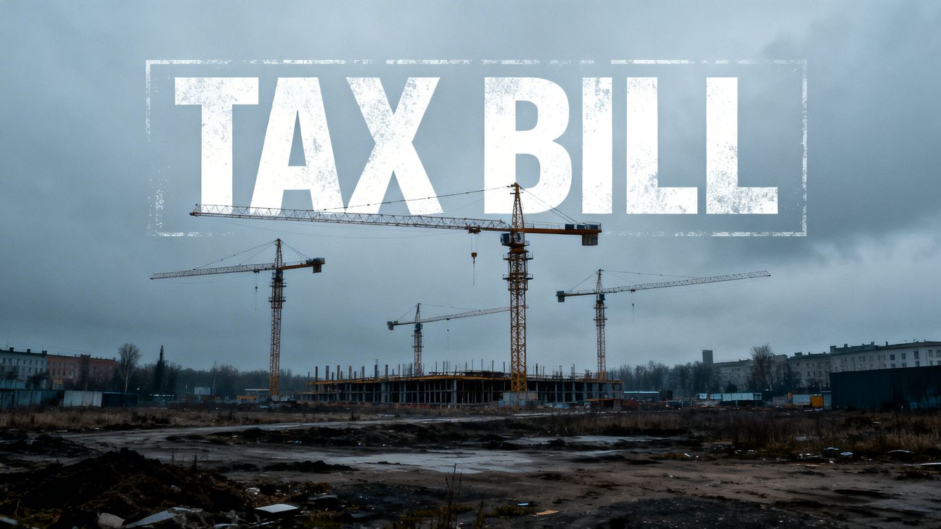 Construction site with a large tax bill graphic.