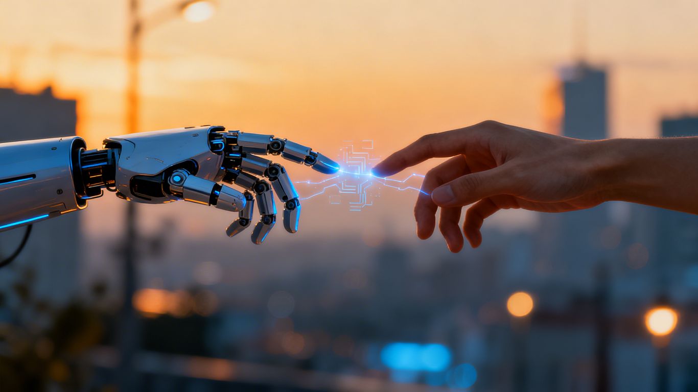 Robot and human hands connecting, digital glow, cityscape background.