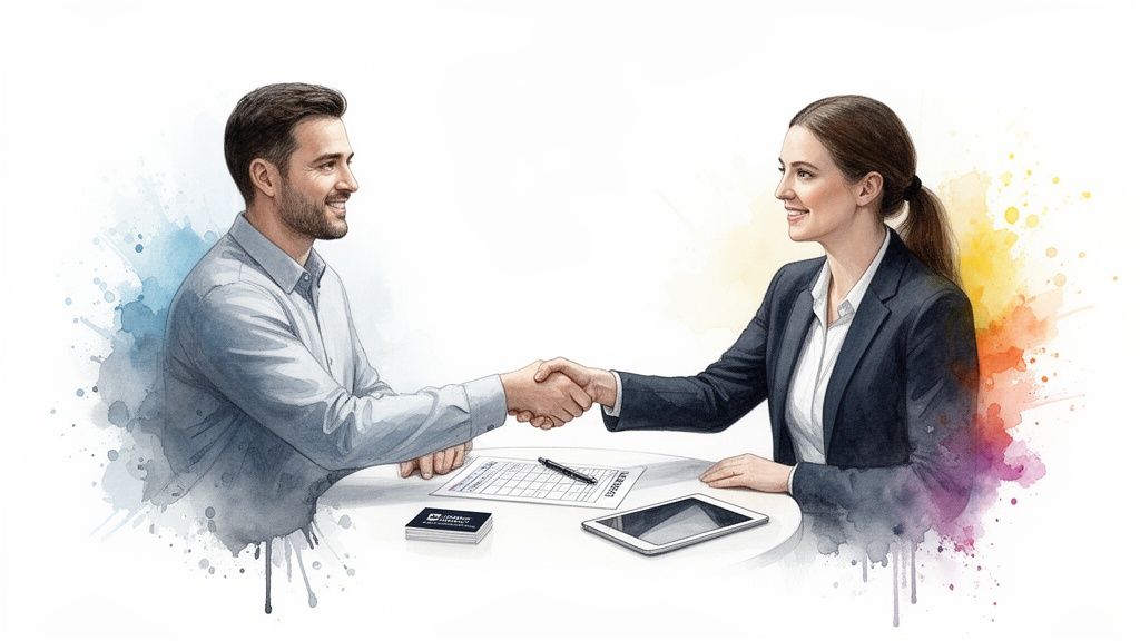 A man and woman in a watercolor style shaking hands across a table, symbolizing a business agreement.