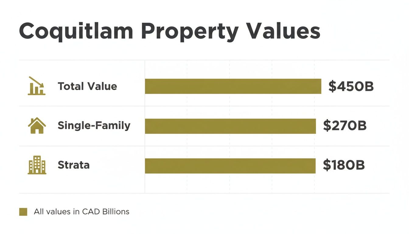Bar chart displaying Coquitlam property values: Total $450B, Single-Family $270B, Strata $180B.