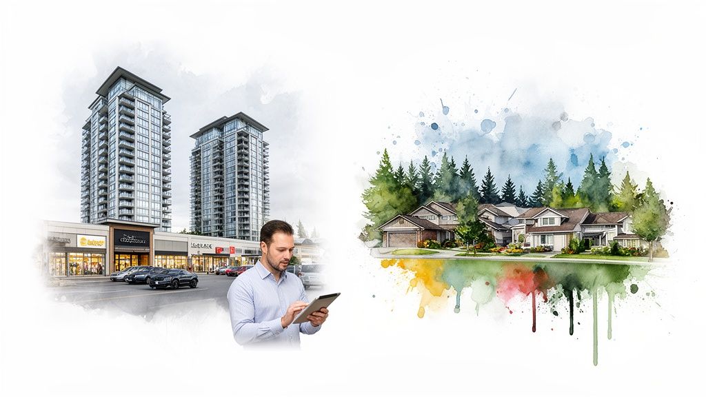 Man with tablet, modern city apartments, retail complex, and watercolor suburban houses with trees.