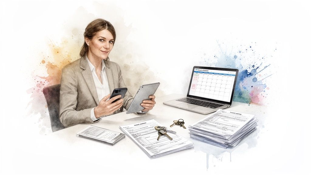 Professional woman managing properties with digital devices, documents, and keys on a desk.