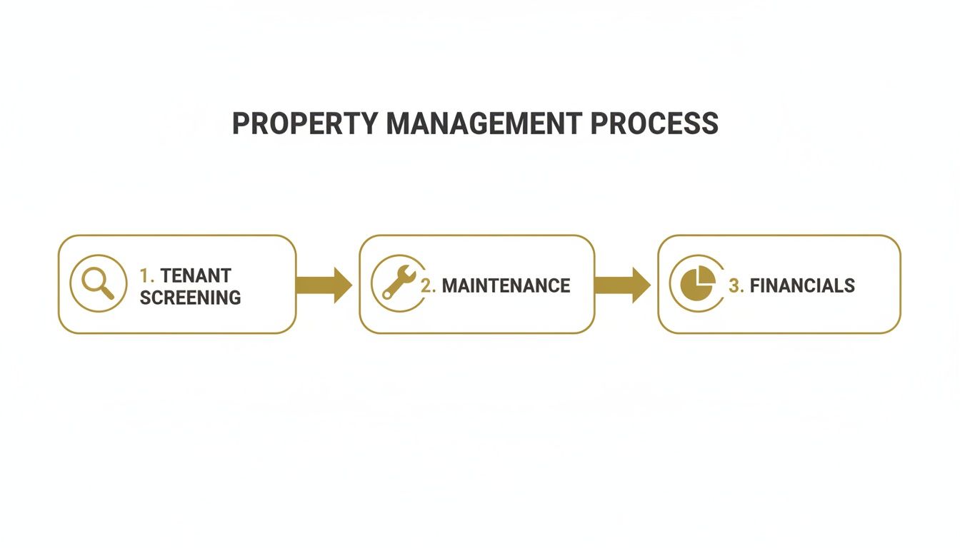 Flowchart illustrating the property management process: tenant screening, maintenance, and financials steps.