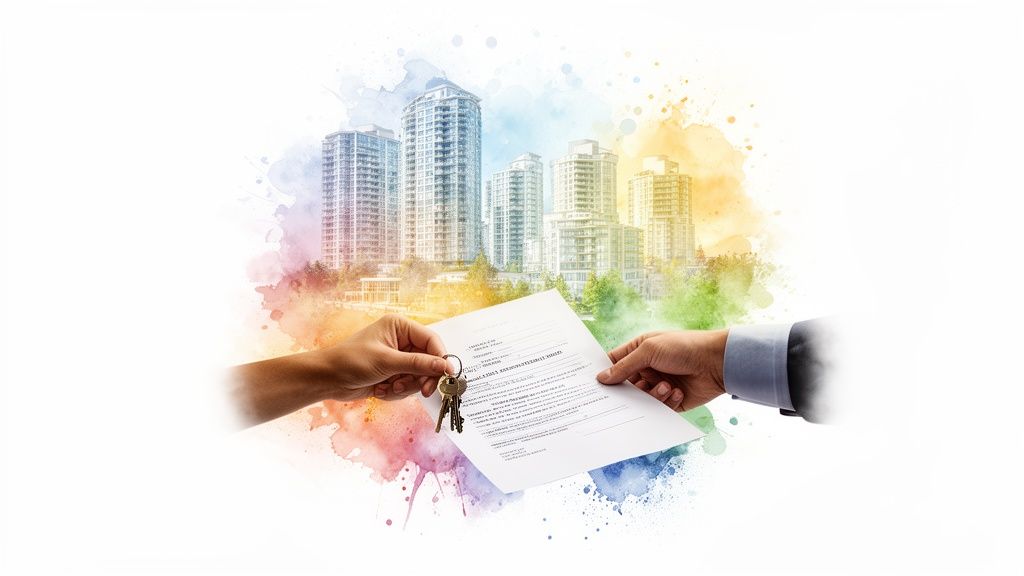 Hands exchanging keys and a property document with a vibrant watercolor city skyline in the background.