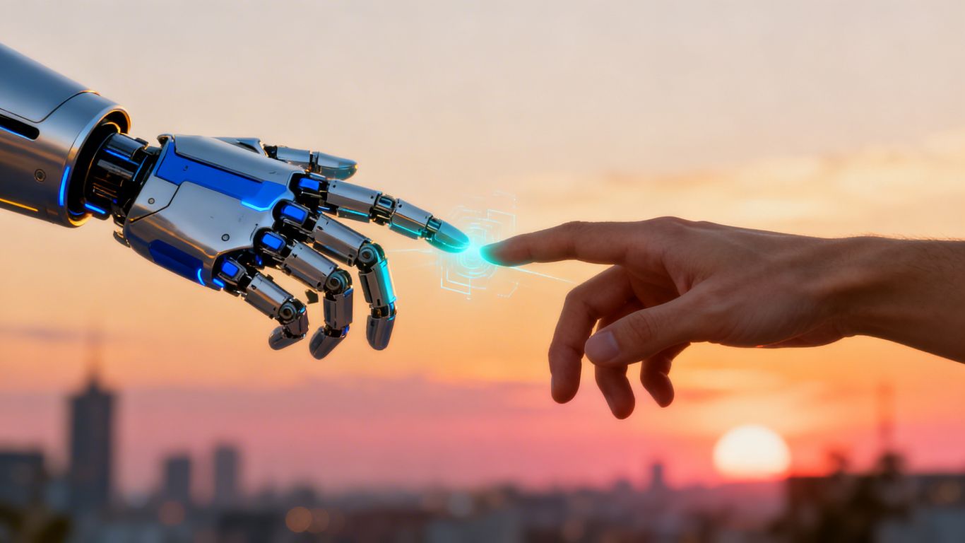 Robot and human hands connecting, digital glow, cityscape background.