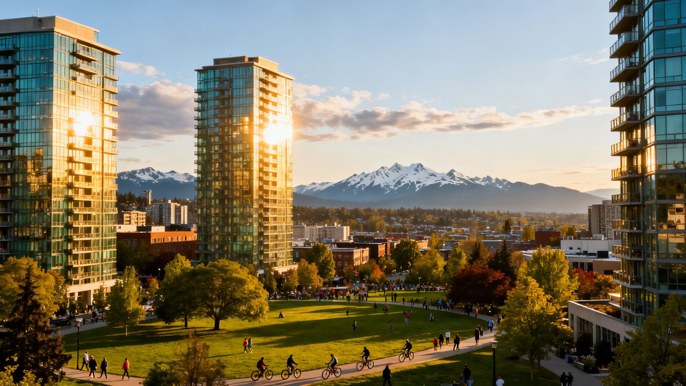 Metro Vancouver cityscape with residential buildings and mountains.
