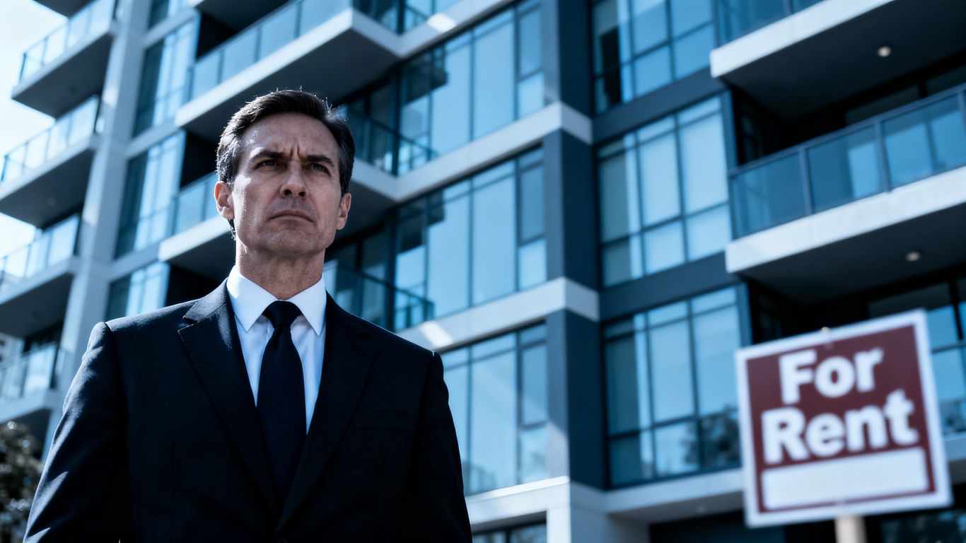 Property manager in front of apartment building, rental scrutiny.