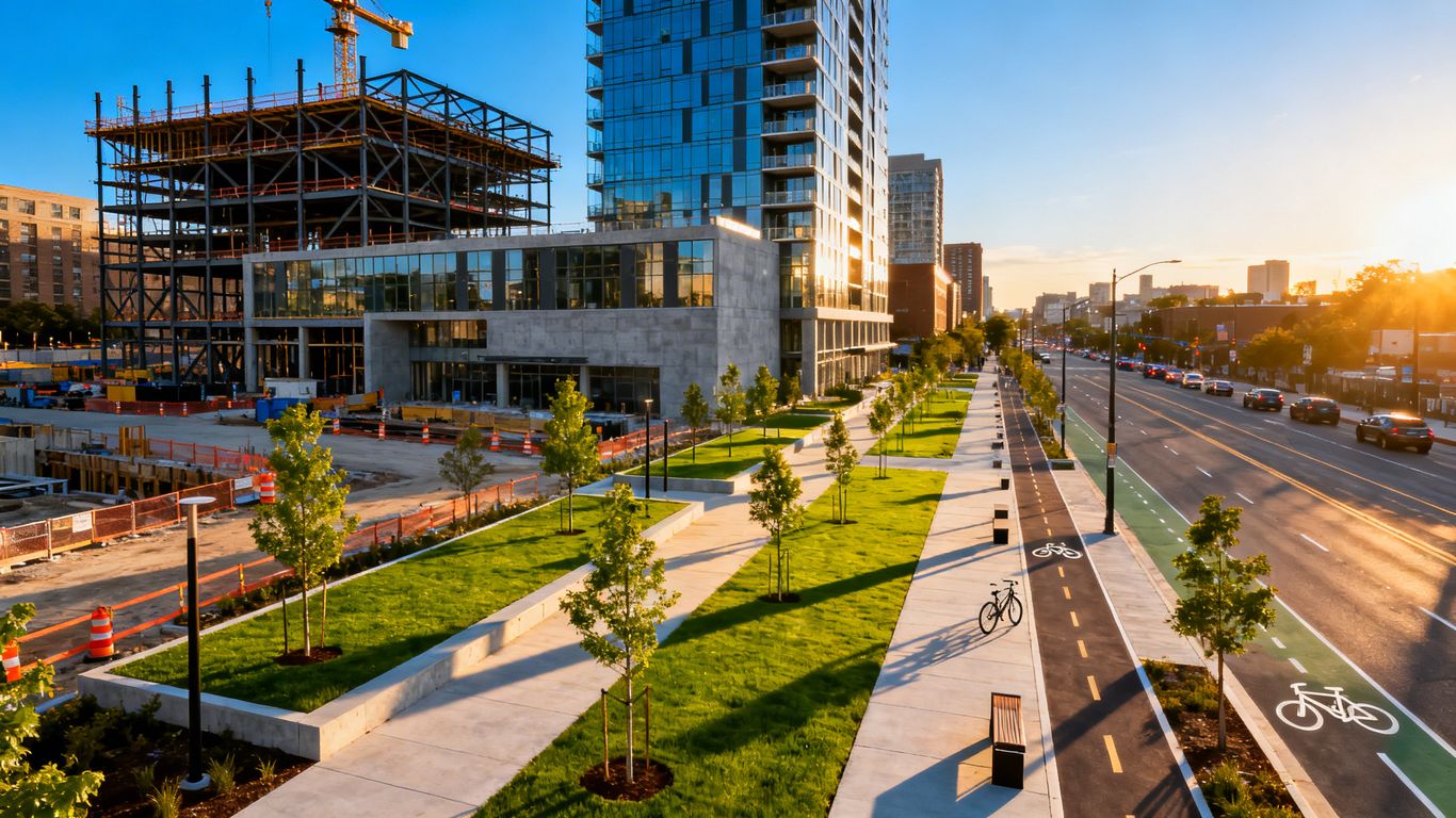 Modern urban district construction with green spaces and walkways.
